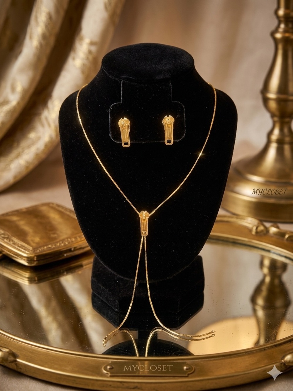 Gold Tone Zipper Lariat Slider Necklace & Stud Earring Set